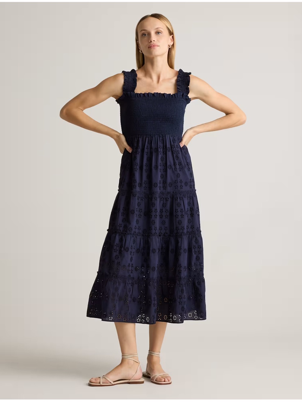 NWT Quince Navy Large 100% Organic Cotton Eyelet Smocked Midi Dress